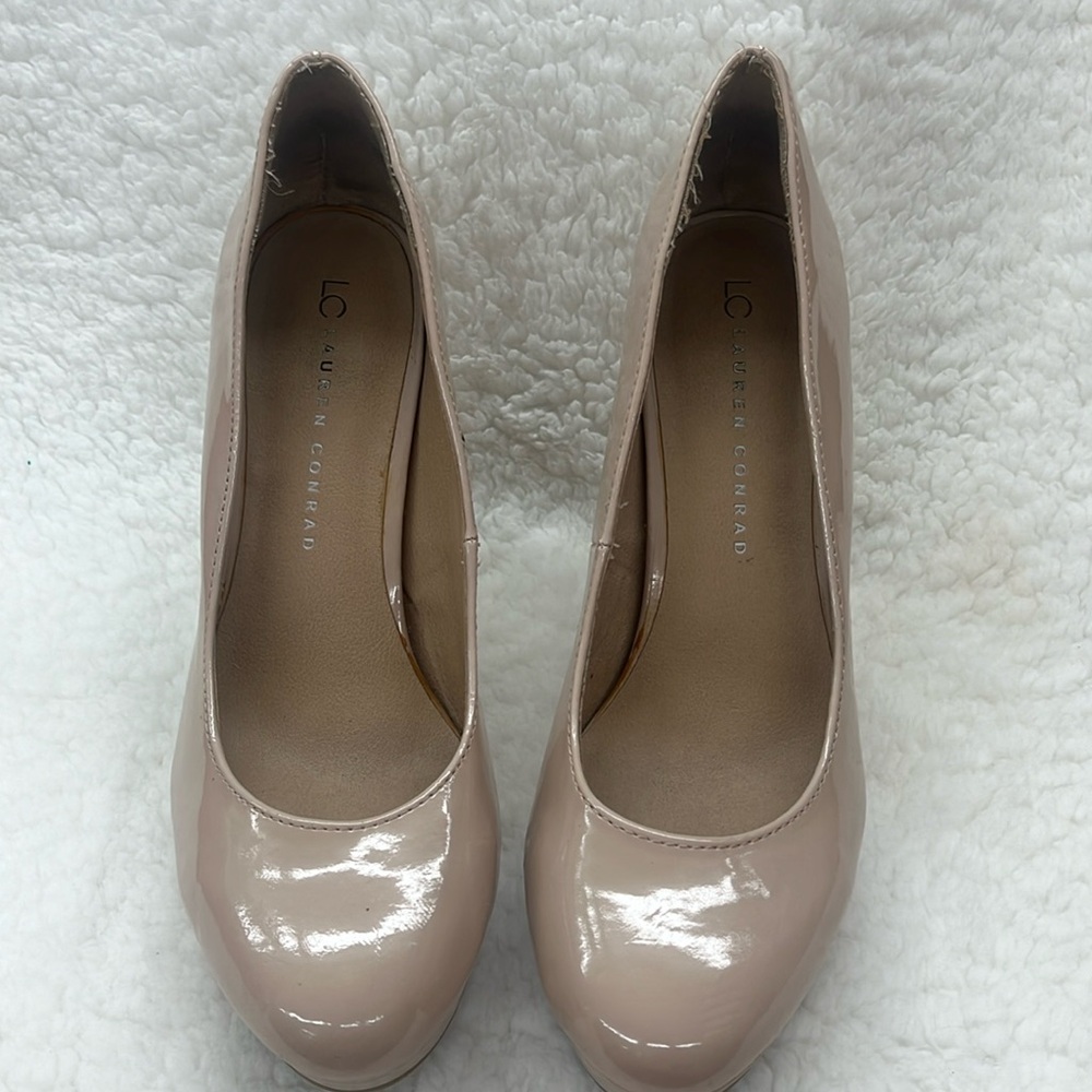 Women’s Lauren Conrad patten platform pumps in nude.